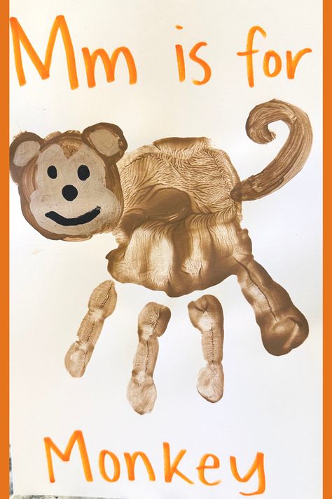 M is for Monkey! Check out the second photo for the whole handprint and footprint alphabet that is great for toddler, preschool, pre-k, or kindergarten children. Monkey Handprint Craft Preschool, Monkey Handprint, Monkey Projects For Preschool, Preschool M Crafts, Monkey Art For Toddlers, Handprint Monkey, Monkey Craft Kindergarten, M Is For Monkey Craft, M Is For Craft Handprint