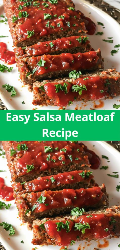 Quick and flavorful Salsa Meatloaf for a busy night. Recipe Using Salsa, Salsa Meatloaf, Gluten Free Salsa, Meatloaf Recipes Healthy, How To Make Meatloaf, Easy Salsa, Best Meatloaf, Easy Meatloaf, Meatloaf Recipe