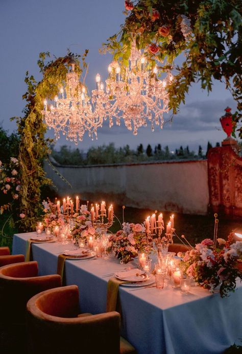 Wedding Chandelier, Beautiful Outdoor Wedding, Outdoor Chandelier, Tuscan Wedding, Fairy Wedding, Outdoor Wedding Reception, Hanging Chandelier, Crystal Chandeliers, Wedding Dinner