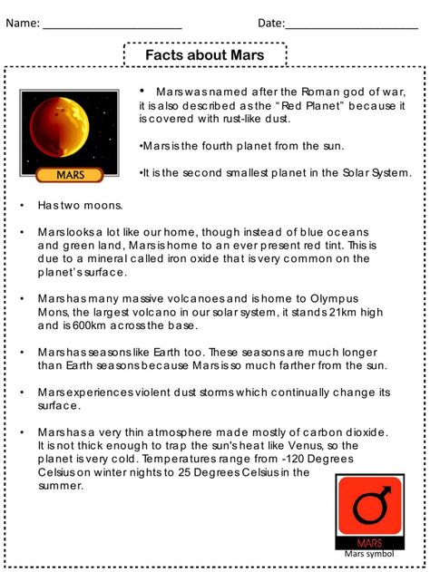 Mars Facts For Kids, Facts About Mars, Mars Facts, 3rd Grade Science, Mars Project, Kites Craft, Worksheets For Grade 3, Small Planet, Facts For Kids