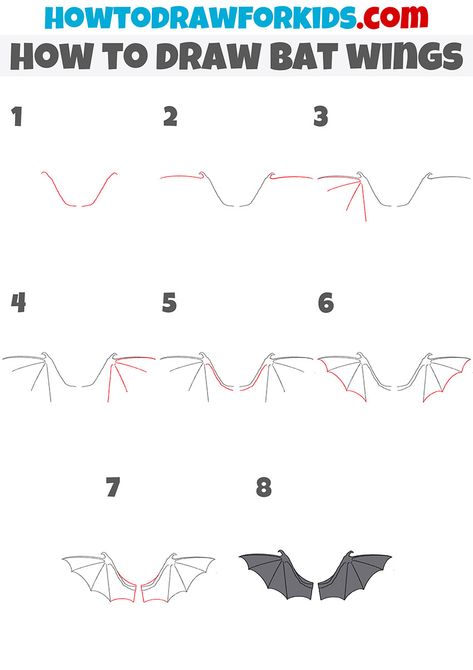 Bat Drawing Step By Step, How To Draw Bats Step By Step, How To Draw A Bat Step By Step, How To Draw Bat Wings, How To Draw Wings Step By Step, How To Draw Bats, Draw Bat Wings, Bat Wings Reference, How To Draw A Bat