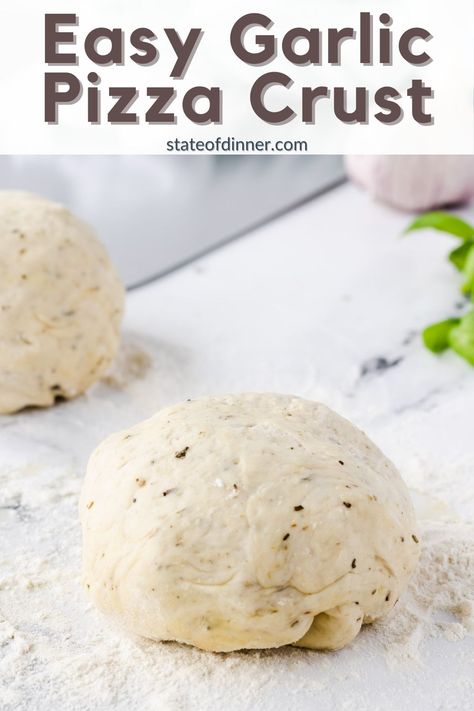 This super simple homemade garlic and herb pizza dough recipe is so flavorful and makes a chewy, crispy crust. It's easy to make your own pizza dough at home! Just 5 minutes to mix together, about an hour to rest, and the dough is ready to bake! Garlic Pizza Dough Recipe, Herb Pizza Dough Recipe, Pizza Dough Bread Machine, Herb Pizza, Italian Pizza Dough Recipe, Pizza Oven Recipes, Pizza Crust Dough, Garlic Pizza, Homemade Pizza Crust