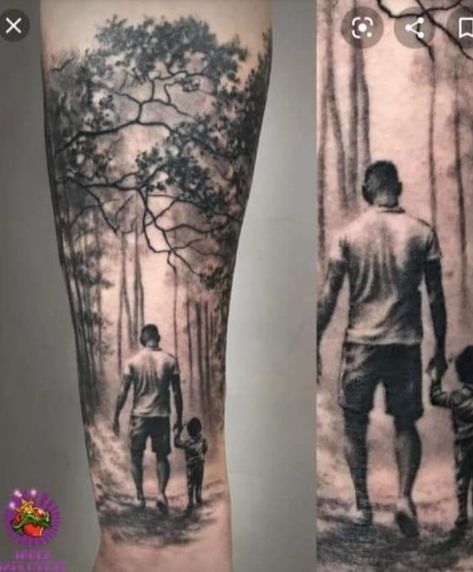 Wolf Family Tattoos For Men, Daughter Tattoo For Men, Family Sleeve Tattoo For Men, Tattoo Sleeve Forearm, Realism Tattoo Ideas For Men, Family Tattoo Design, Family Sleeve Tattoo, Natur Tattoo Arm, Family Tattoos For Men