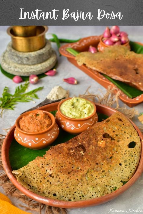 Instant Bajra dosa is a healthy and nutritious millet dosa made using bajra or pearl millet or kambu flour without any soaking grinding or fermentation. This dosa is crisp and delicious and super quick and easy to make Pearl Millet, Millet Flour, Millet Recipes, Dosa Recipe, Easy Snack Recipes, Indian Snacks, Flour Recipes, Millet, Easy Snacks