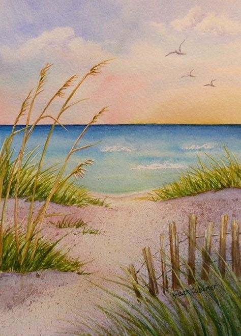 Step By Step Watercolor Beach Scenes Painting, Beach Shore Drawing, Painting Beach Scenes, Beach Scene Painting, Take Me To The Beach, Beach Paintings, Paintings Easy, Watercolor Beach, Pen And Wash