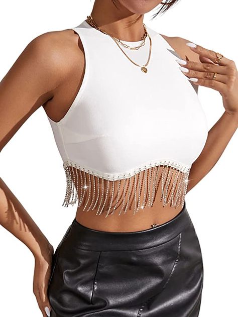 Milumia Women Rhinestone Fringe Zip Back Sleeveless Round Neck Fitted Crop Tank Tops Rhinestone Fringe, Rhinestone Top, Club Tops, Boho Floral Dress, Summer Crop Tops, Cute Crop Tops, White Rhinestone, Sleeveless Crop Top, Party Tops