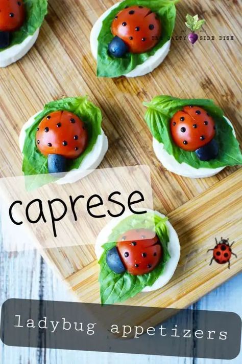 Bug Party Food, Ladybug Appetizers, Ladybug Snacks, Ladybug Food, Caprese Salad Appetizer, Bug Food, Salty Side Dish, Bug Snacks, Ladybug Baby Shower