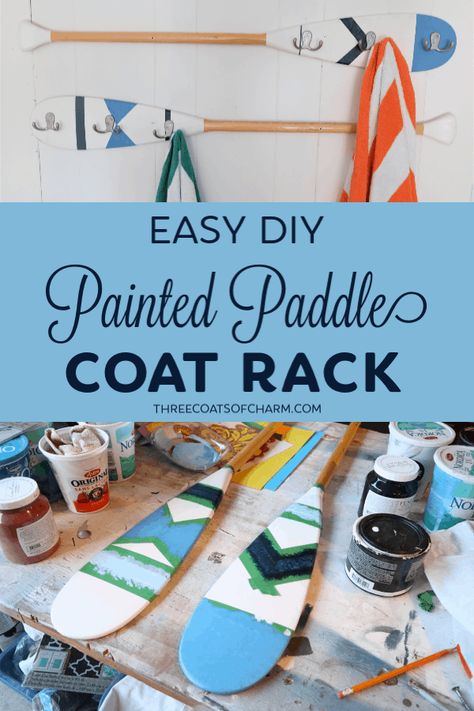 DIY painted paddle coat rack - Three Coats of Charm Painted Oars Paddles, Clean Brass Hardware, Cleaning Brass, Painted Oars, Paddle Decor, Painted Paddles, Wooden Oars, Painting Laminate Furniture, Easy Home Improvement Projects