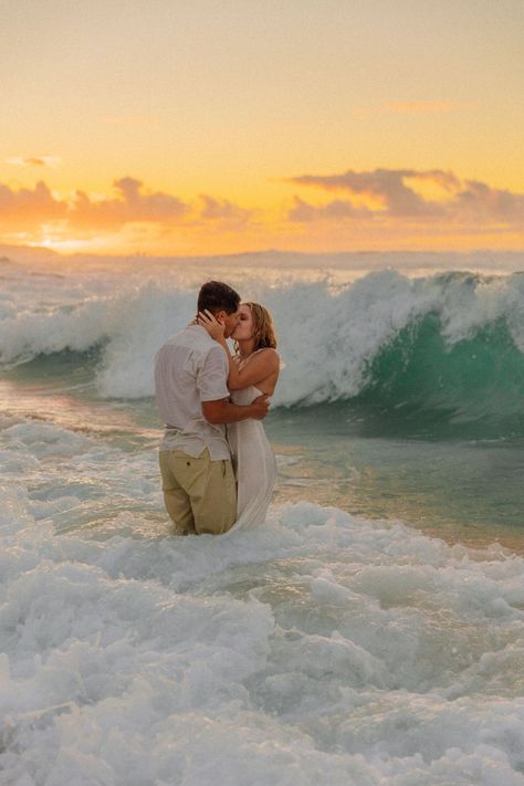 Oahu Couple Photoshoot, Engagement Ocean Photos, Wedding Photos In Water, Dreamy Beach Engagement Photos, Beach Elopement Photography, Engagement Photos At Beach, Ocean Engagement Photos, Engagement Photos Hawaii, Sunset Beach Engagement Photos