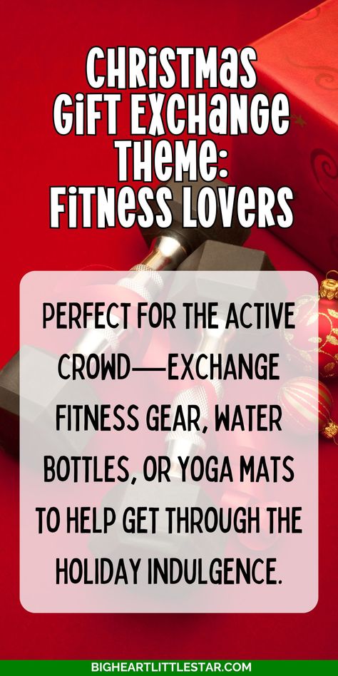 For a unique holiday twist, host a fitness lovers Christmas gift exchange where guests bring health-focused gifts like water bottles, fitness gear, or workout accessories. Perfect for health-conscious friends and family, this gift exchange theme adds a fun, active vibe to any holiday gathering. Christmas Gift Categories, Fun Family Christmas Gift Exchange Ideas, Holiday Exchange Ideas, Christmas Gift Exchange Party Family Christmas Gift Exchange Ideas, Christmas Gift Exchange Themes, Gift Exchange Themes, Christmas Gift Exchanges, Christmas Gift Exchange Party, Gift Categories, Christmas Gift Exchange Ideas, Gift Exchange Party, Sleepover Party Games