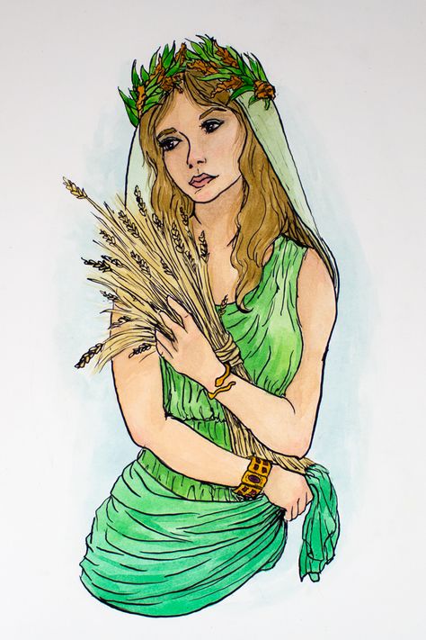 Demeter is the Greek goddess of the harvest. This original Demeter illustration was created with ink and watercolor on Readi-Board foam board. Demeter Illustration, Demeter Goddess Art, Demeter Drawing, Demeter Costume, Demeter Tattoo, Demeter Greek Goddess, Harvest Goddess, Demeter Goddess, Greek Mythology Goddesses