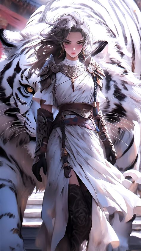 White Tiger Character Design, White Tiger Girl, Female Samurai Art, Female Tiger, Tiger Girl, Female Samurai, Spirit Animal Art, Greek And Roman Mythology, Samurai Art