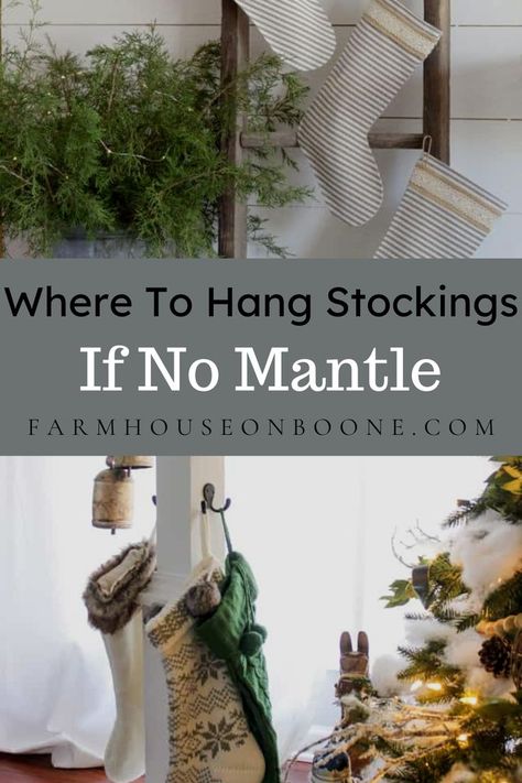 Wall Hanging Stocking Ideas, Ways To Display Stockings Without Mantle, How To Display Stockings With No Mantle, Fireplace With No Mantle Christmas, Christmas Stocking No Mantle, Ways To Hang Stockings Without Fireplace, Ideas To Hang Stockings With No Mantle, Christmas Stocking Hanging Ideas With No Mantle, Ideas For Hanging Stockings