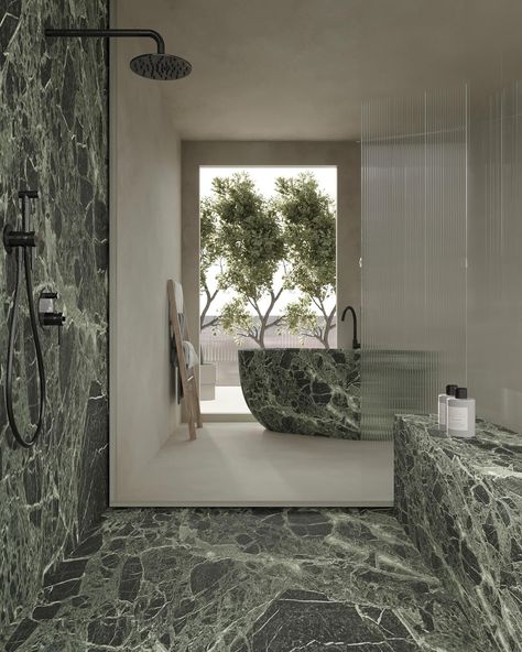 Verde Alpi Marble, with its rich green hues and distinctive veining, is a masterpiece of nature that elevates any space. #ARCAStone… | Instagram Green Marble Bathroom, Taupe Bathroom, Html Website, Luxury Bathrooms, High Spirits, Green Hues, Green Bathroom, Marble Bathroom, Rich Green