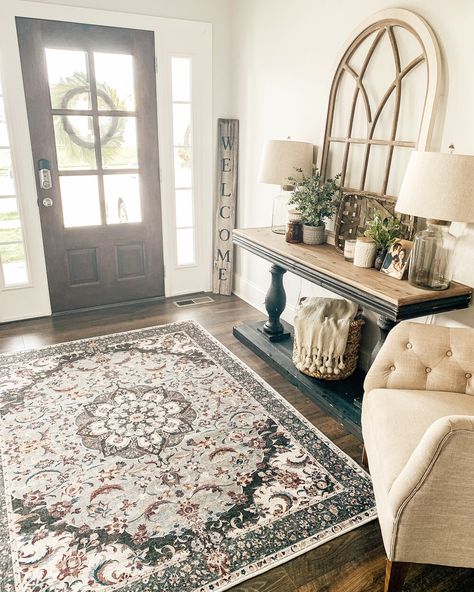 Sarrah Sage Rug Living Room, Rug In Mudroom, Farmhouse Ruggable Rugs, Front Entryway Rugs, Sarah Hazel Ruggable, Washable Entryway Rug, Ruggable Living Rooms, Entryway Rug Ideas, Farmhouse Entry