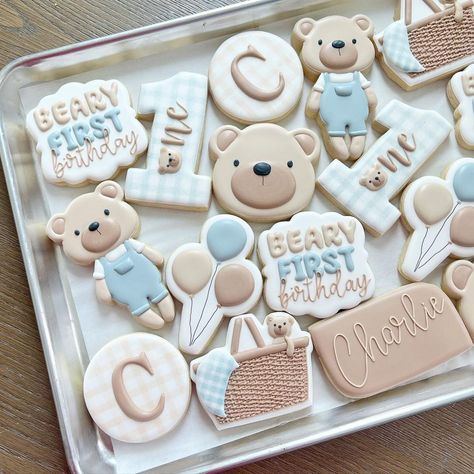 Utah Custom Royal Icing Cookies | Teddy bear picnic for his beary first birthday! Are you you kidding me 🥹🐻 teddy bear design to match his stuffed animal bear… | Instagram Bear Cookies 1st Birthday, Teddy Bear Baby Shower Cookies, Teddy Bear Cookies First Birthday, Bear Biscuits, Bear Picnic, Bear First Birthday Cookies, Bear Birthday Cookies, Beary First Birthday Cookies, Teddy Bear 1st Birthday Boy