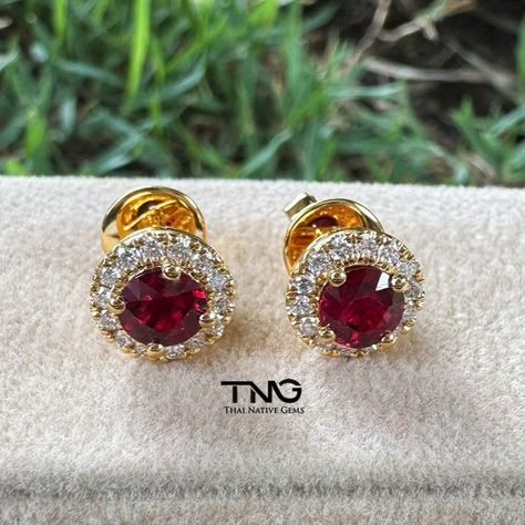 Custom-made these beautiful Round Ruby, Diamond & 18K Gold earrings! The earrings are set with 0.91-carat Vivid Pigeon Blood Mozambique Round Ruby, and 0.28-carat halo diamonds in 18K yellow gold! . . . #rubyearrings #ruby #rubies #goldearrings #earrings #gemstoneearrings #gems #pigeonblood #mozambiqueruby #roundruby Ruby Gold Earrings, 18k Gold Earrings, Ruby Earrings, Ruby Diamond, Mozambique, Halo Diamond, Pigeon, Gemstone Earrings, Gold Earrings