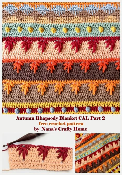 The Stitch Sampler Blanket the Autumn Rhapsody Blanket CAL Part 2 is a Free Crochet Pattern at Nana's Crafty Home!  Gorgeous stitches in this section of our Fall themed blanket -- the Extreme Drop Leaf Stitch and the single crochet spike stitch add so much beautiful texture to this throw!  Complete stitch tutorials provided to help you through part 2 of our blanket crochet a long!  #nanascraftyhome #stitchsampler #crochetblanket Leaf Crochet Pattern Free Blanket, Fall Themed Crochet Blankets, Fall Leaves Crochet Blanket, Spike Stitch Crochet, Crochet Spike Stitch, Crochet Black Cat, Vintage Crochet Blanket, Crochet Sampler Blanket, Crochet Blanket Stitch