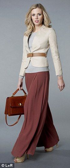 A maxi skirt as professional wear - keep in mind just in case i decide to grow up and get a big lady job. Brown Maxi Skirt Outfit, Maxi Skirt Outfit, Kate Garraway, Maxi Outfits, Maxi Rok, Cream Jacket, Maxi Skirt Outfits, Belted Blazer, Professional Wear