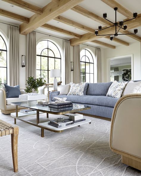 Blue Family Rooms, Arched Window Treatments, Wood Beam Ceiling, Arched Windows, Wood Ceilings, Design Living Room, A Living Room, Cheap Home Decor, Living Room Inspiration