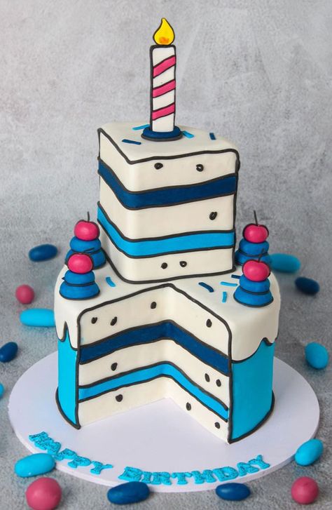 Cartoon Cake For Men, Blue Cakes For Boys, Cartoon Cake For Boys, 3d Cakes Ideas, 2d Comic Cake, Cake Bonbon, Comic Cake Design, Comic Cake Ideas, Cartoon Cake Ideas