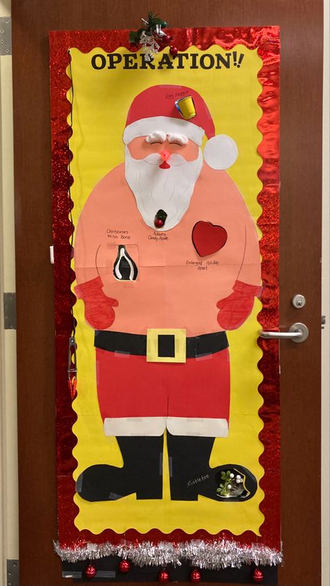 Decorated office door for Christmas as Santa operation game Santa Operation Game, Operation Door Decoration, Operation Game Door Decoration, Speech Christmas Door, Operation Santa Door Decoration, Office Door Christmas, Office Christmas Door, School Office Ideas, Work Christmas Ideas