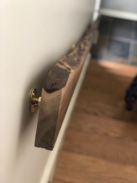 Live edge walnut stair case hand rail Live Edge Stair Railing, Wooden Handrails For Stairs Indoor, Staircase Hand Rail, Stair Case Hand Rail Design Wooden, Stairs Hand Rail, Stair Case Banister, Diy Hand Rail, Rustic Handrails For Stairs, Live Edge Stairs