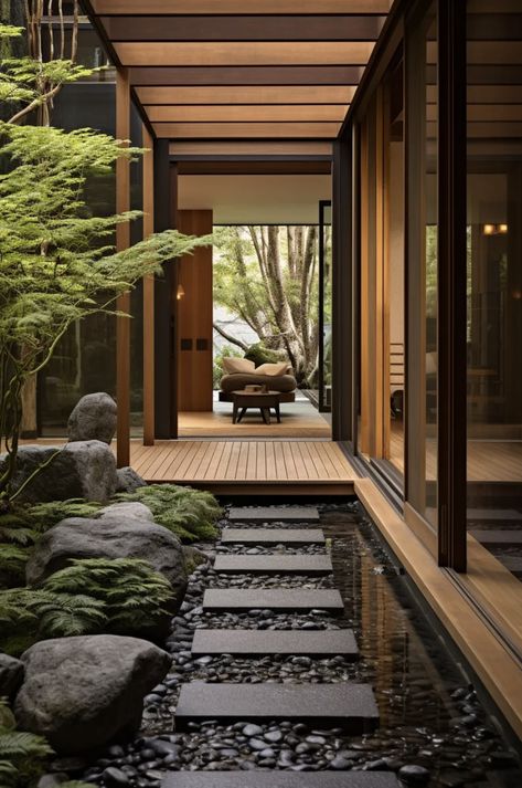 Japandi Landscaping, Garden Inside House Ideas, Japandi Exterior, Japanese Patio, Zen Architecture, Plants Backyard, Backyard Party Decorations, Modern Japanese Architecture, Business To Start