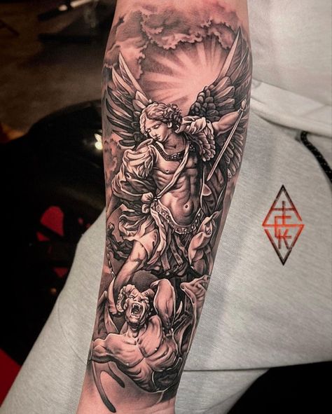 Jesus Tattoos Men, Saint Michael Tattoo Forearm, Stanczyk Tattoo, Men Tattoo Arm Sleeve Ideas, Mens Outer Forearm Tattoos, Family Sleeve Tattoo For Men, David Vs Goliath Tattoo, Archangel Michael Tattoo For Men, Chicano Arm Tattoo