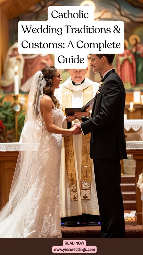 A couple exchanging vows during a traditional Catholic wedding ceremony, surrounded by family and friends, with a priest officiating the Mass. The image captures the sacred rituals and symbols that are integral to Catholic wedding traditions. Small Catholic Wedding, Catholic Wedding Ideas, Catholic Wedding Readings, Catholic Wedding Aesthetic, Catholic Wedding Photography, Traditional Catholic Wedding, Processional Order, Marriage Blessing, Catholic Marriage