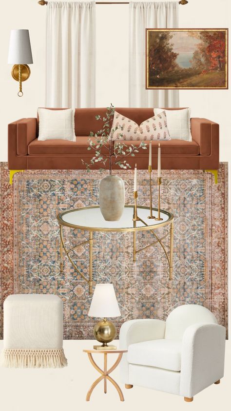 Living Room Inspiration Gold Accents, Rust Accent Living Room, Antique Chic Living Room, Rust And White Living Room, Rust Accent Chair Living Room, Living Room With Rust Accents, Rust And Yellow Living Room, Brown Velvet Chairs Living Room, Rust Velvet Sofa Living Rooms