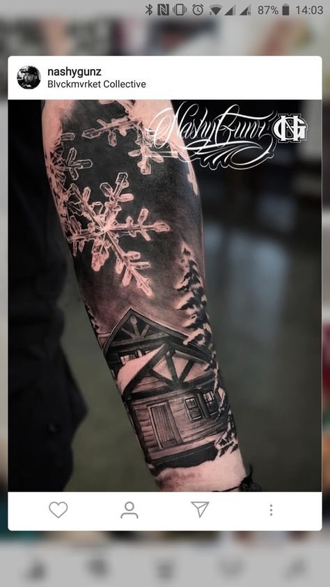 Winter Scene Tattoo, Winter Tattoo Sleeve, Tattoo Montagne, Mountain Sleeve Tattoo, Snowboard Tattoo, Trap Tattoo, Snowflake Tattoos, Ice Tattoo, Aurora Tattoo