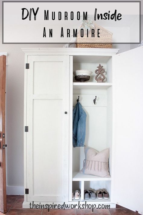 DIY Mudroom Inside an Armoire - This is the perfect solution if you love the mudroom look but are short on space or fear that your mudroom mess may not look as pretty as some staged photos online? Well this DIY mudroom inside an armoire is the perfect solution, just close the door on the mess when it gets out of hand! #entrywayorganizer #mudroom #diymudroom #entrywayfurniture Armoire Repurpose, Armoire Diy, Armoire Makeover, Cheap Office Furniture, Diy Mudroom, Furniture Upcycle, Furniture Trends, Furniture Makeovers, Upcycle Projects