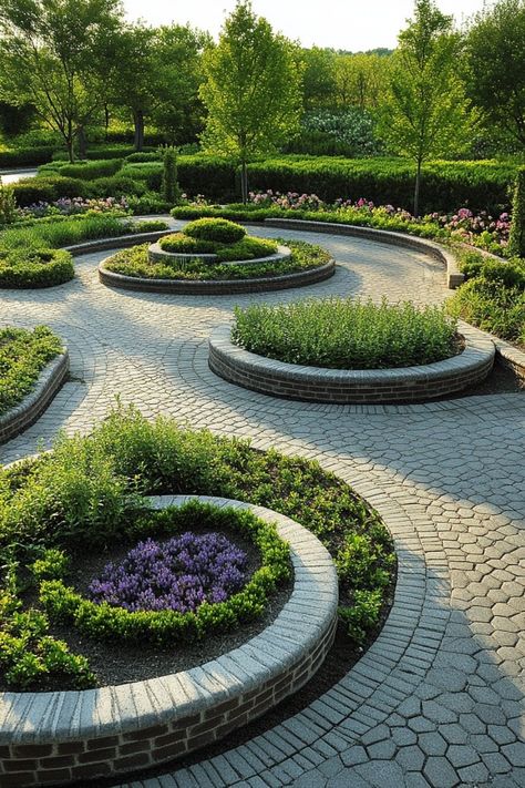 Add a modern touch to your garden with geometric layouts! 🌿🔷 Use geometric patterns and shapes to create a contemporary and visually striking garden design. Learn how to incorporate these elements for a garden that's both functional and stylish. #GeometricGardens #ContemporaryDesign #GardenTrends Arc And Tangent Landscape Design, 1800 Mansion, Round Garden Design, Mansion Landscape, Circular Garden Design, Mazar Sharif, Earthy Homes, Sustainable Garden Design, Geometric Garden