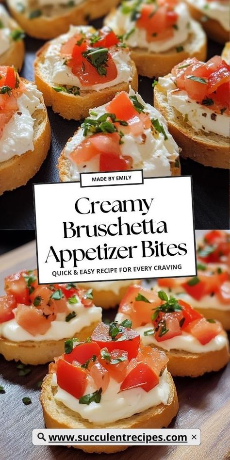 Try these Irresistible Creamy Bruschetta Bites for your next get-together! With a creamy, garlicky base and a fresh tomato topping, these bites bring elegance and flavor to the table. Bruchetta Appetizers Balsamic Vinegar, Recipes With Bruschetta, Red And White Appetizers, Brushetta Appetizers Cherry Tomatoes, Christmas Bruchetta Appetizers, Tomato Sandwich Appetizer, Brushetta Appetizers Bruschetta Recipe, Italian Inspired Appetizers, Get Together Appetizers