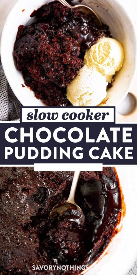 You don’t even need a bowl to make this slow cooker chocolate pudding cake. Everything comes together right in the crock pot for an extra-easy clean up! | #dessertrecipe #valentinesdayrecipe #chocolatedessert #recipe Slow Cooker Pudding Recipes, Slow Cooker Puddings, Crockpot Chocolate Cake, Slow Cooker Chocolate Cake, Chocolate Pudding Cake Recipe, Slow Cooker Cake, Crockpot Cake, Pudding Cake Recipe, Easy Chocolate Pudding