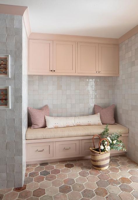 Pink Laundry, Modern Shower Design, Transitional Laundry Room, Pink Laundry Rooms, Pink Cabinets, Mudroom Cabinets, Mudroom Flooring, Light Gray Cabinets, Brown Kitchen Cabinets