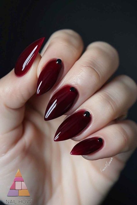 Almond Nails Cherry Red, Cherry Red Nails Coffin, Red Stiletto Nails Short, Sharp Red Nails, Burgundy Stiletto Nails, Dark Red Stiletto Nails, Dark Red Almond Nails, Glossy Red Nails, Dark Cherry Red Nails