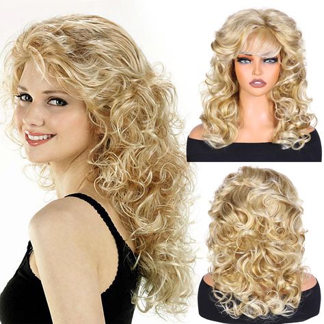 PRICES MAY VARY. High-quality material: This long wavy ladies' golden wig is made of high-quality synthetic fibers, which have a soft, smooth, and shiny appearance, making it look very realistic. Natural and realistic: It is carefully designed to mimic wavy hairstyle, resembling natural hair. Whether it's the color, texture, or style, it gives a true hair experience, making you feel confident while looking completely natural. Excellent comfort: The ladies' golden wig is designed to be lightweigh Long Curly Blonde Hair, Blonde Wig With Bangs, Trendy We Fryzurach, Curly Blonde Hair, Curly Hair Fade, Curly Hair Trends, Wavy Hairstyle, Natural Looking Wigs, Pelo Afro