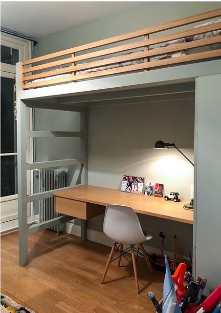 Ikea Stora Loft Bed Hack Small Rooms, Desk Bunk Bed, Bunker Bed With Study Table, Bunker Beds For Kids, Loft Bed With Desk Underneath, Bunk Bed Desk, Desk Under Bed, Small Loft Bedroom, Boys Loft Beds