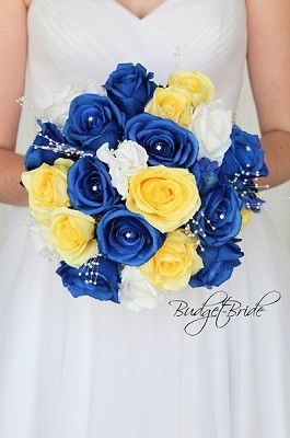 Yellow and royal blue theme wedding flower brides bouquet with pearls, jewels, hydrangea, roses, orchids, lambs ear, silver dollar eucalyptus artificial cheap silk wedding flowers Royal Blue Wedding Theme, Yellow Wedding Bouquet, Beauty And Beast Wedding, Yellow Wedding Theme, Round Bouquet, Yellow Wedding Flowers, Brides Bouquet, Royal Blue Wedding, Blue Themed Wedding