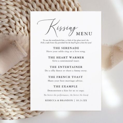 $2.95 | Simple Calligraphy Rustic Wedding Kissing Menu #kissingmenu #weddingkissinggame #weddingmenucards #rusticwedding #calligraphy #simpleweddingmenu #receptiongame #weddinggamessign #funweddinggame #weddingtablecards Wedding Kissing Games, Kissing Menu, Simple Wedding Menu, Fun Wedding Games, Simple Calligraphy, Minimal Wedding Invitation, Menu Wedding, Card Table Wedding, Best Marriage Advice