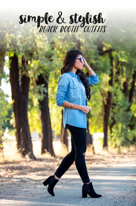 8 STYLISH & SIMPLE WAYS TO WEAR BLACK BOOTIES Black Ankle Boots Outfit Spring, Black Ankle Boots With Dress, Black Heeled Booties Outfit, Black Booties Outfit Work, How To Wear Booties, Jeans And Booties Outfit, Outfits With Black Booties, Black Bootie Outfits, Denim Shirt Outfits