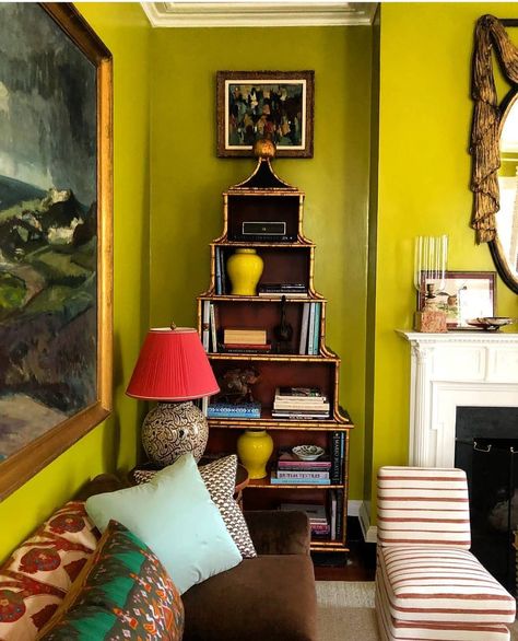 Oliver Thomas Interiors on Instagram: “Amazing chartreuse walls in a parlour created by @matthewcarterinteriors for the @southernstylenow traditional home event in Charleston. .…” Chartreuse Decor, Matthew Carter, View Aesthetic, Valley View, Dream Living, A Living Room, Room Paint, Southern Style, Wall Color