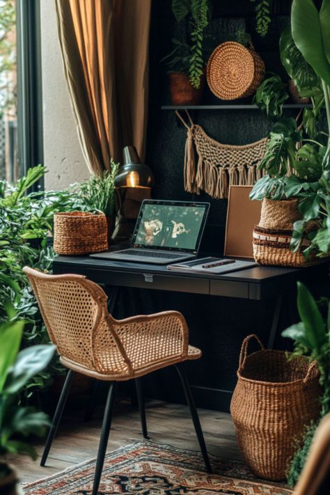 A cozy dark bohemian office featuring a wicker chair, lush greenery, and natural textures, combining the dark academia aesthetic with moody office inspiration for modern home offices, perfect for a dark and moody office modern vibe and home office ideas dark academia enthusiasts. Corporate Goth Office Decor, Office Vibes Aesthetic, Home Office Ideas Dark, Office Ideas Dark, Moody Office Space, Work Aesthetic Office, Dark And Moody Office, Moody Office Inspiration, Dark Office Aesthetic