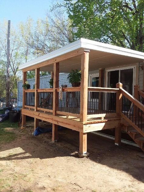 Back Porch Ideas Mobile Home, Back Deck Ideas For Mobile Homes, Screened In Porch On Mobile Home, Patio Ideas For Mobile Home, Mobile Home Deck Ideas Single Wide, Trailer Porch Ideas Decks, Front Porch Design Trailer, Mobile Home Updates Diy, Backyard Patio Designs Mobile Home