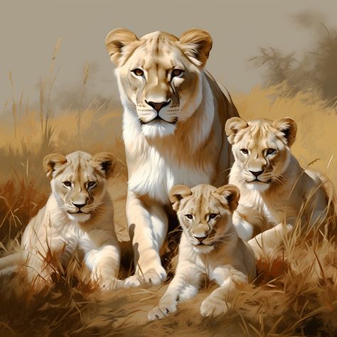 Lion Family With 3 Cubs Tattoo, 4 Lions Family, Cute Lions, Lioness And Cub Tattoo, Two Lion Cubs, Lion And Cub, Lioness With Two Cubs, Lioness And Cubs, Lion Couple