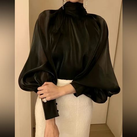 Black Satin Blouse Outfit Classy, Outfit Winter Wedding Guest, Winter Tops For Women Classy, Holiday Cocktail Attire For Women, Classic Black And White Outfits, Lawyer Clothes Women, Formal Puff Sleeve Top, Dress Work Outfits Women, Corporate Witch Fashion