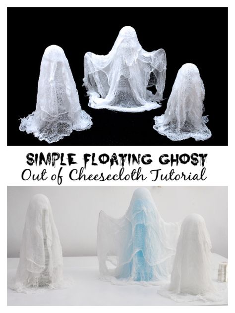 Halloween Crafts: DIY Simple Floating Ghost Out of Cheesecloth Tutorial Cheesecloth Crafts Diy, Gauze Ghosts Diy Crafts, Mesh Ghost Diy, How To Make Cheesecloth Ghosts, Floating Ghosts Cheesecloth, Diy Floating Ghost, Cheesecloth Ghost Diy, Floating Pumpkins, Halloween Crafts Diy