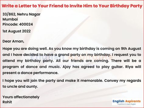 Write a letter to invite your friend to your birthday party Letter Writing To Friend, Invitation Letter For Birthday Party, How To Write A Letter To A Friend, Formal Invitation Letter, Birthday Invitation Letter, Informal Letter Writing, English Facts, Letter To Best Friend, Family Worksheets